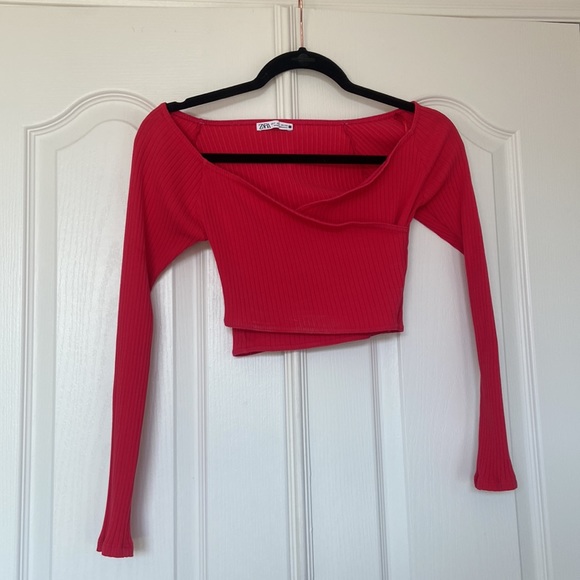 Zara | Tops | Zara Red Crop Off The Shoulder Long Sleeve | Poshmark